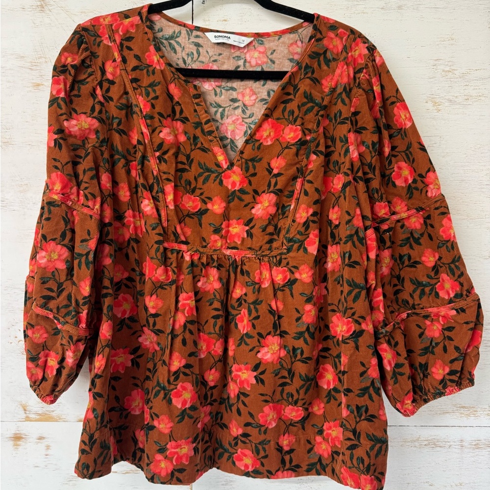 Sonoma Floral V-Neck Blouse - Brown and Red